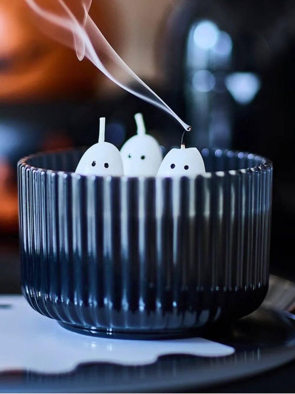 Ribbed Glass Candle Bowl with Trio of White Ghost Candles